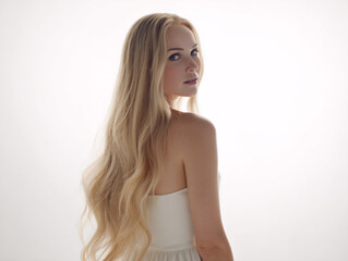 Obraz premium Softly lit blonde woman in a simple dress, hair cascading down her back, looking sideways, clean white background, smooth shadows, hyper-realistic details,