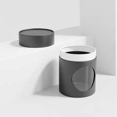 Black paper tube packaging with window mockup, short round gift box with window display, cylindrical paper tube container, black color paperboard tube packaging, tin can paper food packaging mockup