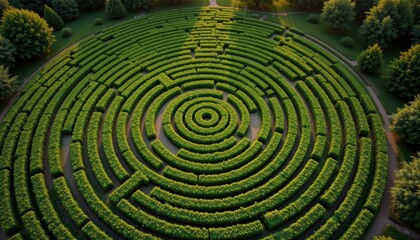 aerial view of a green spiral maze at sunset, perfect for landscape photography, adventure branding, and e commerce listings showcasing garden mazes, green spirals, and sunset lighting