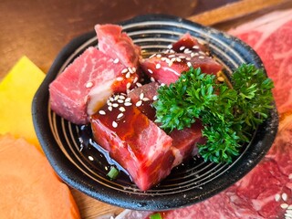 Marinated Wagyu Beef Cubes for BBQ. japan food