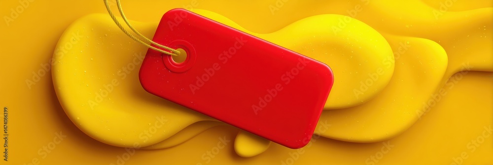 Aufkleber Glossy Red Price Tag Resting on a Bright Yellow Abstract Shape in a Minimalist Design Setting