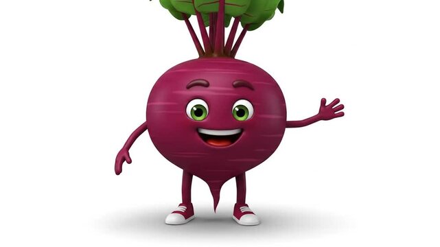 Animated Beet Character Waving Hello on White Background