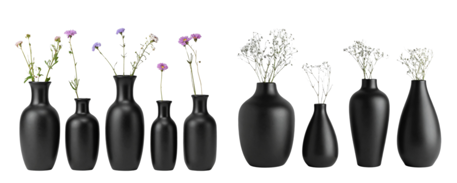  Set of Black Matte Vases with Small Flowers, isolated on transparent background (1).jpg