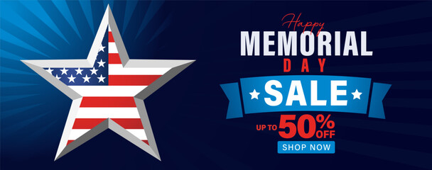 Memorial Day sale banner with flag US in star shape and light beams. Creative promotion poster template, up to 50% off discount for Memorial day. Vector illustration