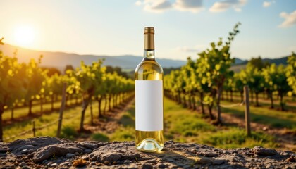 white wine bottle mockup in vineyard landscape sunshine background with copy space product photography for beverage brand label and winery promotion