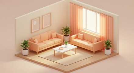 Isometric living room design with sofa, table, plants, and window