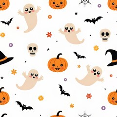 Cute halloween pattern with ghosts, pumpkins, skulls, bats, and witch hats on white background