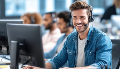 Obraz premium Smiling man working at computer with headset