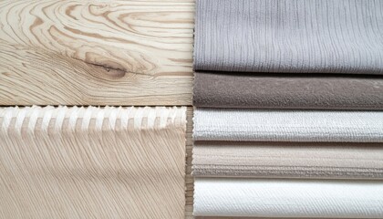 Textured fabric and wood samples display home decor showroom textile and material showcase modern environment aesthetic viewpoint