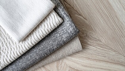 Textile trends in contemporary home decor living room fabric samples minimalist interior overhead view modern aesthetic
