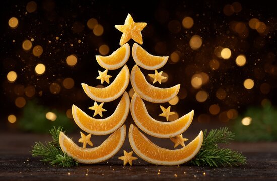 A wooden kitchen counter hosts a creatively arranged citrus fruit pyramid, designed to evoke a Christmas tree, with an empty background to the left, providing ample space for text to market fresh