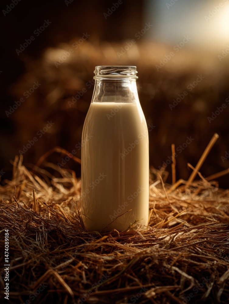 Poster goat milk bottle resting on straw with soft lighting in rustic farm setting during golden hour