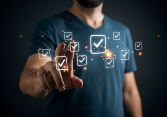 Man selecting checklist boxes with finger on virtual interface task management and productivity concept