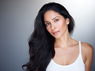 Naklejka premium Elegant woman with long black hair and velvety skin, dressed in a simple white tank top, standing against a soft gradient background, subtle light reflections,