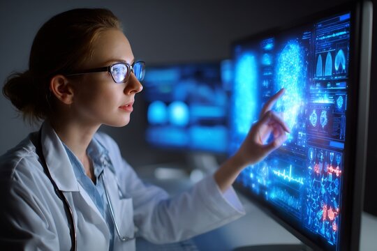 Doctor using futuristic interfaces to analyze complex medical data and fingerprint biometric