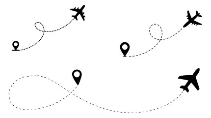 Airplane Flight Path Icons with Location Markers in Minimal Silhouette Style