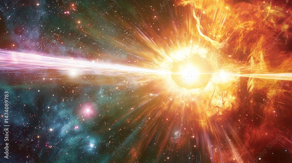 Sticker cosmic explosion with colorful light beams and galactic background