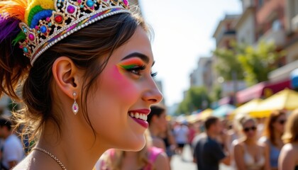 Obraz premium side profile of a smiling person wearing pride makeup and a colorful crown at a street festival with bright lighting and shallow focus