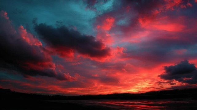 A dramatic sky explodes in shades of crimson, orange, and violet as the sun sets, casting intense color over dark rolling clouds.
