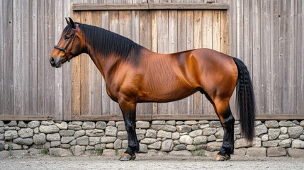 Elegant brown horse standing in profile against a rustic wooden stable wall, showcasing its strong muscular build, glossy coat and black mane and tail.