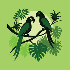 Parrot silhouettes on a jungle branch  vector illustration