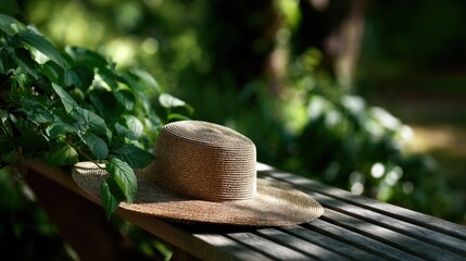 A stylish straw hat resting on a wooden bench under dappled sunlight, surrounded by soft greenery in a garden