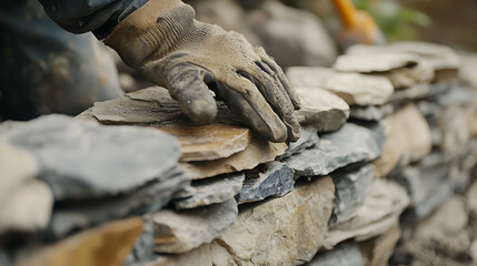 Obraz premium Hand in Glove Laying Stone Wall