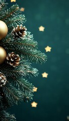 Christmas Elegance. Golden Ornaments on Pine Boughs with Cones and Stars, Deep Green Backdrop