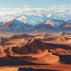 Naklejka premium Expansive Desert with Rolling Sand Dunes and Snow-Capped Mountains in the Distance