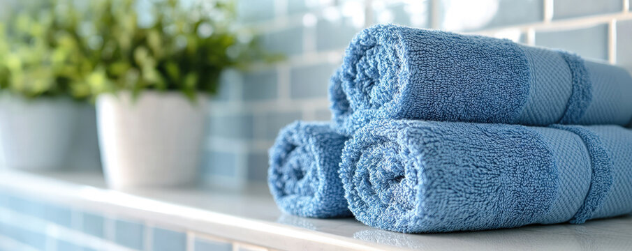Three neatly rolled blue towels on a bathroom shelf with potted green plants in soft focus, conveying freshness, cleanliness and spa-like relaxation.