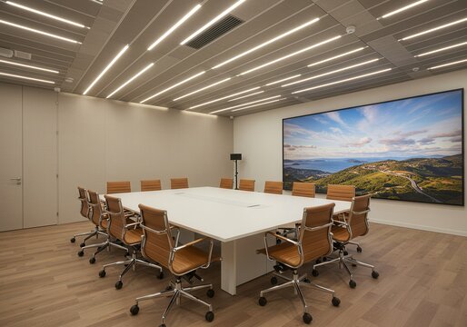 Bright conference room with a large square table, leather chairs, and a landscape painting on the wall