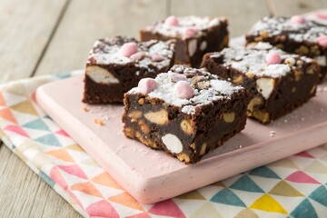 Chocolate rocky road squares dusted with sugar.