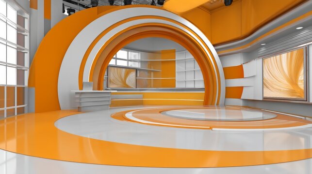 TV news, online shows, and live events can benefit from a virtual studio background with a modern 3D rendering backdrop, compatible with VR tracking system stage sets