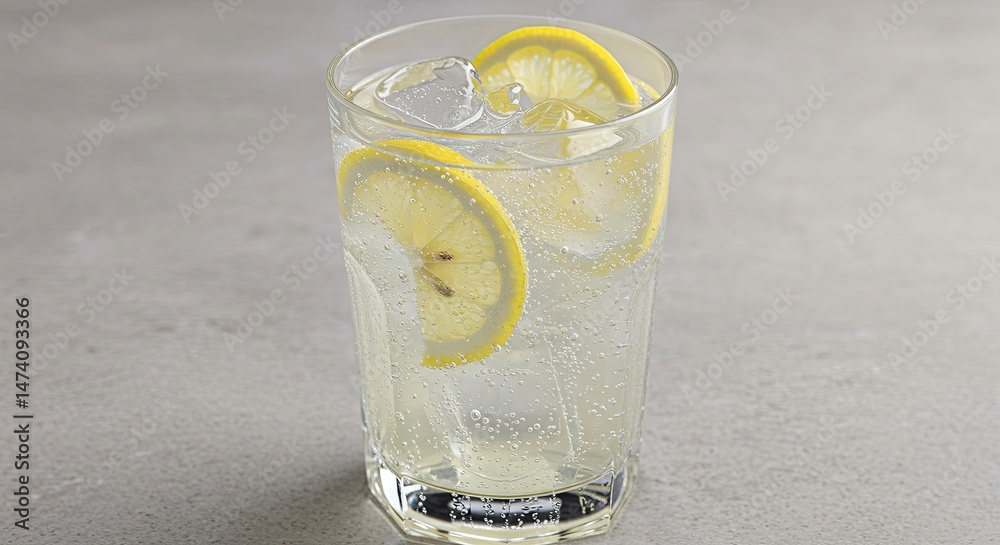 Poster a glass of lemonade with ice cubes and lemon slices