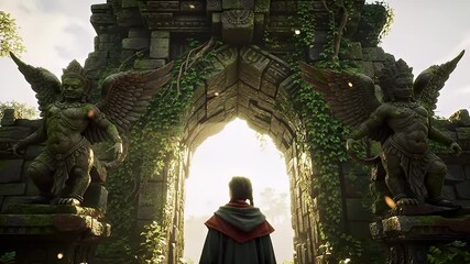 Ancient Stone Gate with Guardian Statues - Powered by Adobe