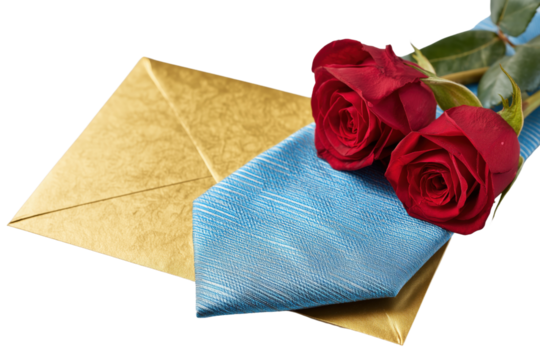 Elegant Father's Day greeting card with blue tie, red roses, and golden envelope Isolated on transparent Background