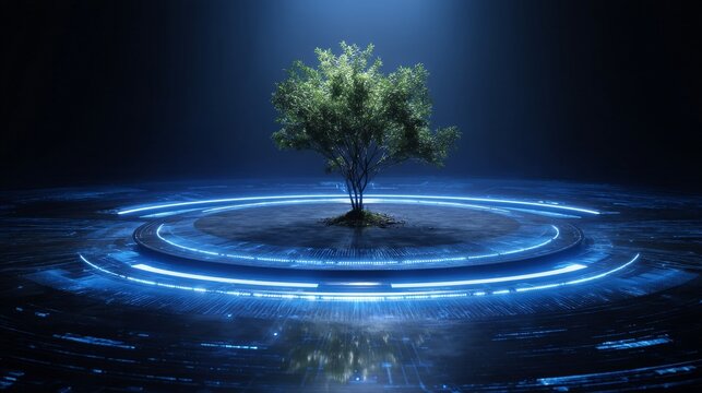 A digital tree flourishes within a virtual space adorned with radiant components