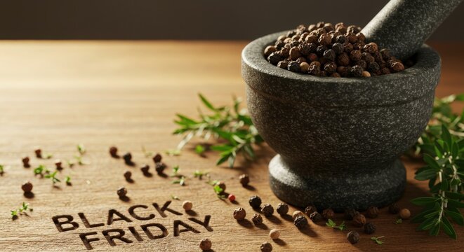 Good Black Friday text with spices and stone mortar on wooden surface