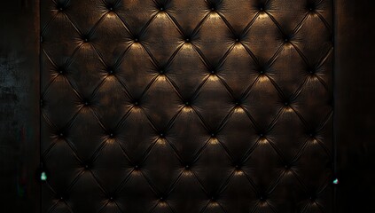 Dark brown leather wall panel with diamond tufted pattern.  Close-up view of the rich, textured surface.  Intricate stitching and decorative buttons create a luxurious aesthetic