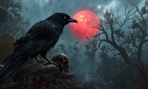 Black raven perched on skull under blood-red moon in misty dead forest. Concept of gothic horror and death symbolism