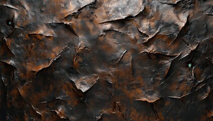 Textured, dark brown and copper rock or stone surface with rugged, uneven patterns. Small, dark teal spots are visible