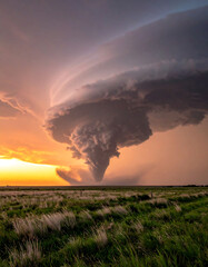 Dramatic cloudscape featuring a supercell storm over a green field at sunset.  Evokes power, natures force, and weather phenomena.  Perfect for illustrating climate change, or resilience.