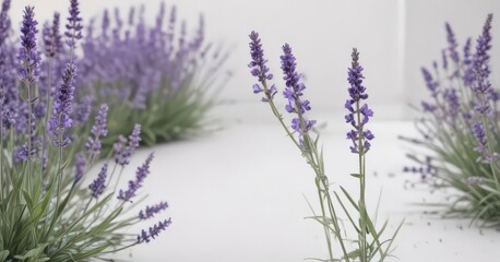 Naklejka premium Delicate lavender blooms, pristine white backdrop, purple, bouquet, nature
