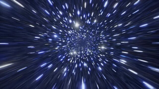 A dazzling starfield creates a tunnel of light streaks, simulating warp speed travel through outer space in a futuristic sci-fi journey.
