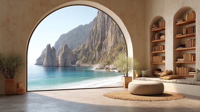 An online presentation meeting room teams backdrop can be created in a retirement home office library study with an ocean bookshelf background, featuring bookshelves and contemporary decor, and