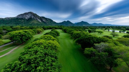Verdant golf course stretches toward distant mountains under a cloudy sky