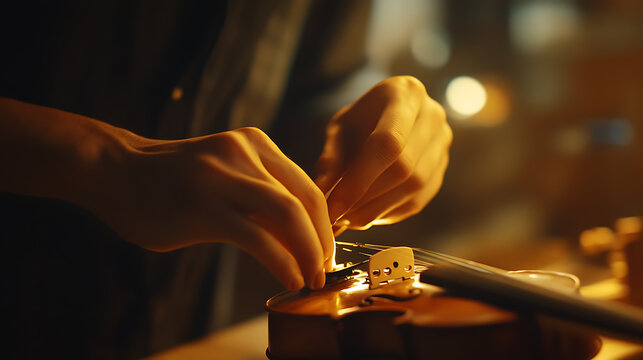 Hands Adjusting a Violin in Dim Lighting