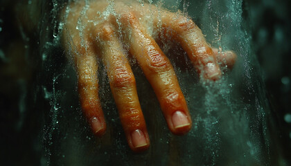 Fototapeta premium Close-up of Fingers Touching Soft Foggy Glass, Condensation Drops, Dreamy Mood
