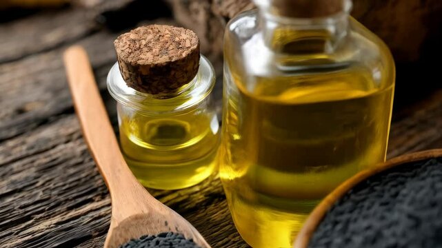 Still life of black cumin seeds in a wooden bowl, jar with cork, and oil bottle on rustic wood surface, depicting natural remedies.