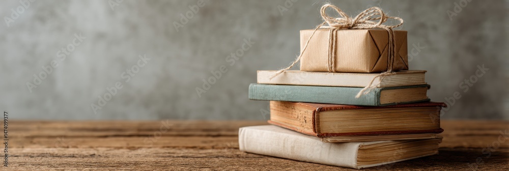 Poster gift box resting on a stack of books at a cozy table corner with a rustic wooden surface